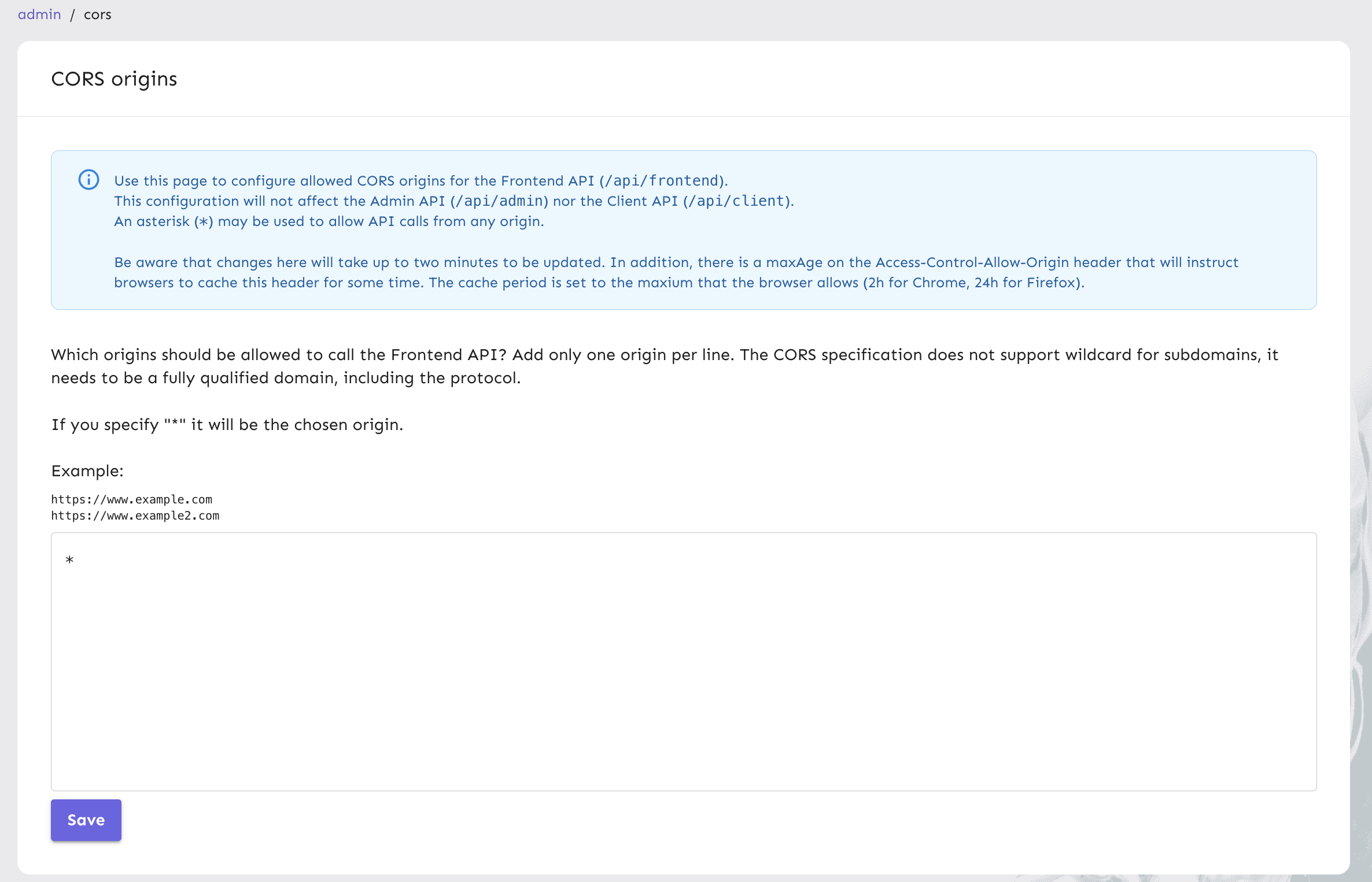 An image of a CORS section in Unleash Admin UI for adding domains that can connect to Unleash Frontend API.